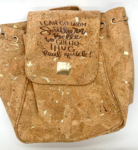 Cork handbag with text on a white background
