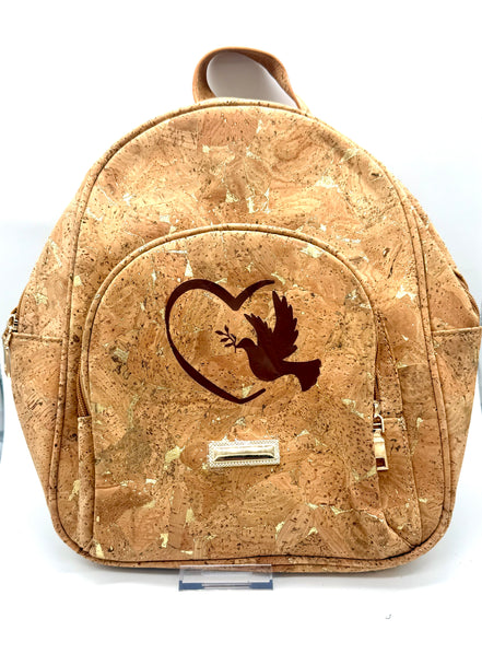 Cork backpack with a heart and dove design on a white background