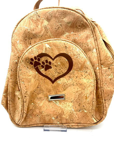 Cork backpack with a heart and paw print design on a white background