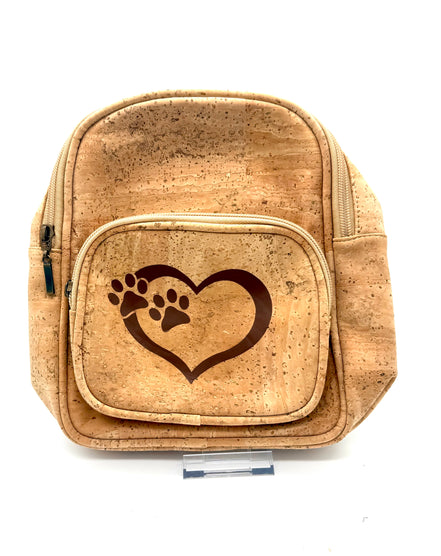 Cork backpack with a heart and paw print design on a white background