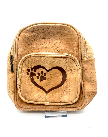 Cork backpack with a heart and paw print design on a white background