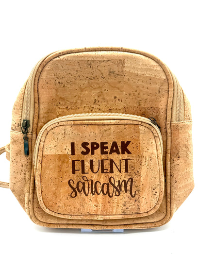 Cork bag with 'I Speak Fluent Sarcasm' text on a white background