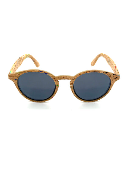 Round cork sunglasses with multicolor cork frame and dark UV lenses