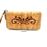 Lightweight vegan cork zipper wallet with detachable wristlet strap and organized interior.