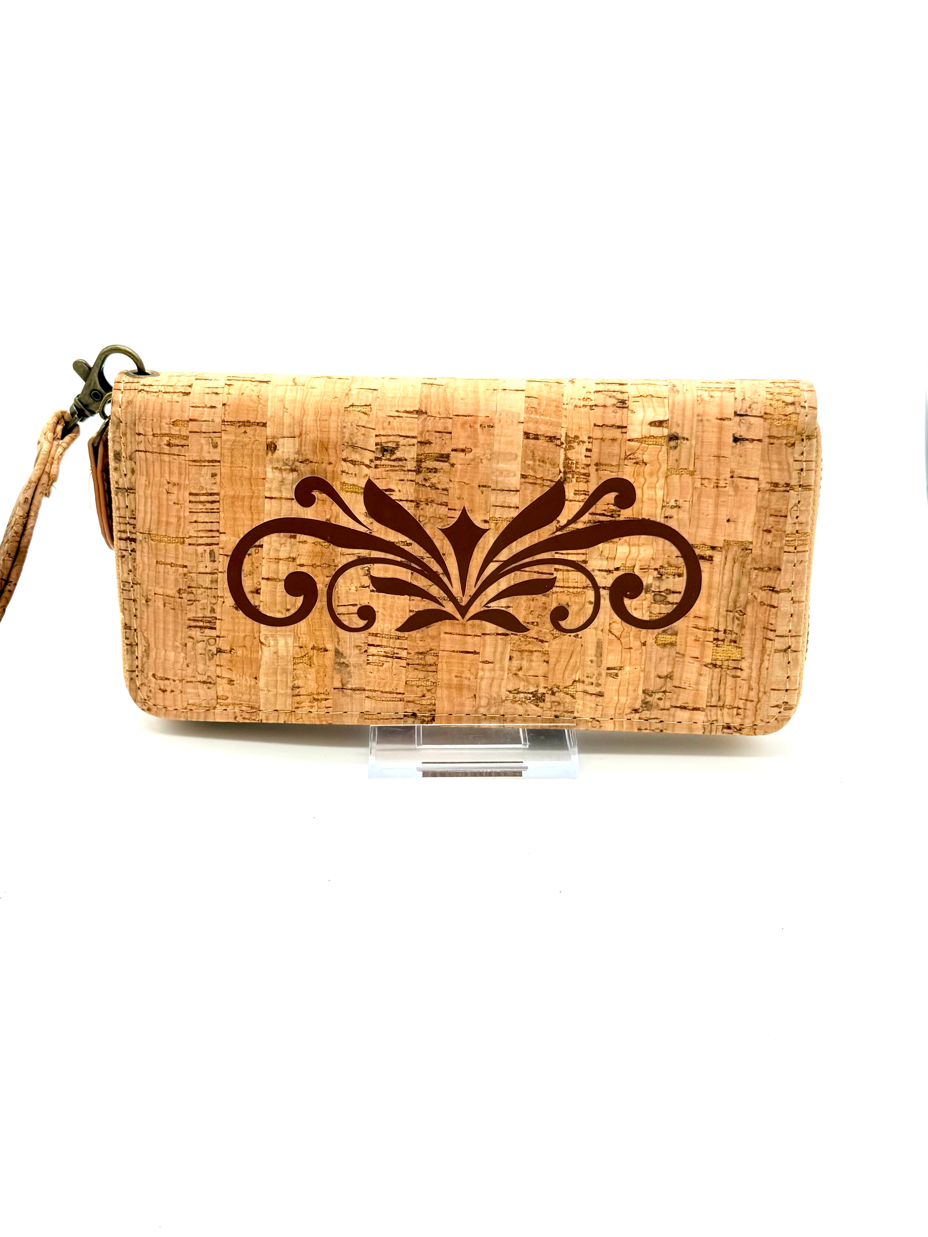 Lightweight vegan cork zipper wallet with detachable wristlet strap and organized interior.