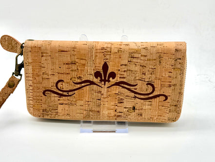 Lightweight vegan cork zipper wallet with detachable wristlet strap and organized interior.