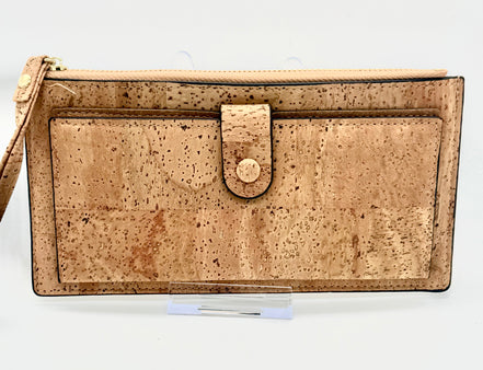 A luxurious soft cork wallet with a wristlet strap, perfect to keep your cards and cash neatly organized.