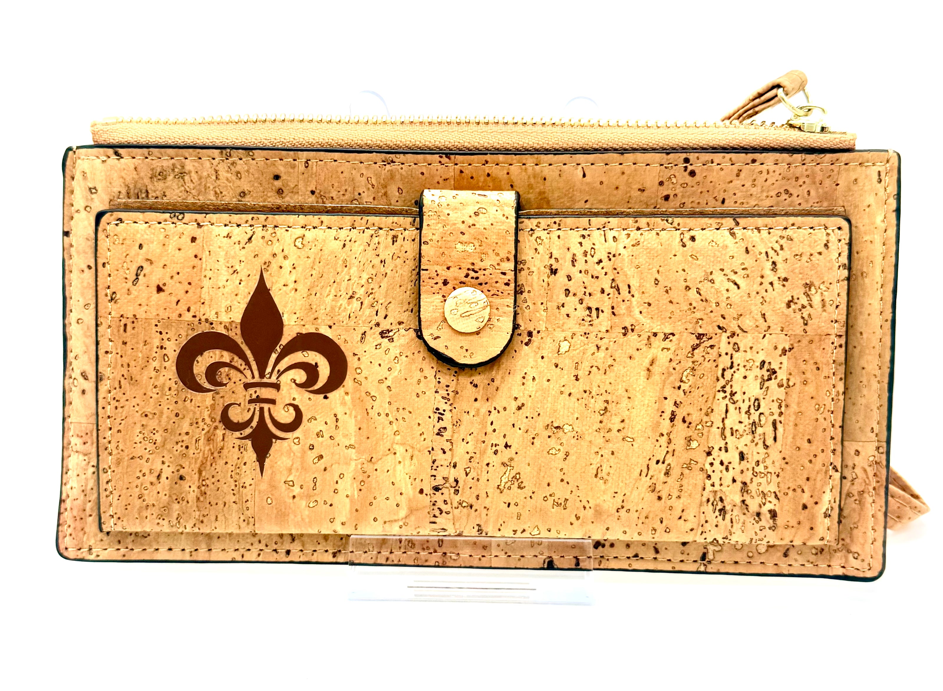 A luxurious soft cork wallet with a wristlet strap, perfect to keep your cards and cash neatly organized.