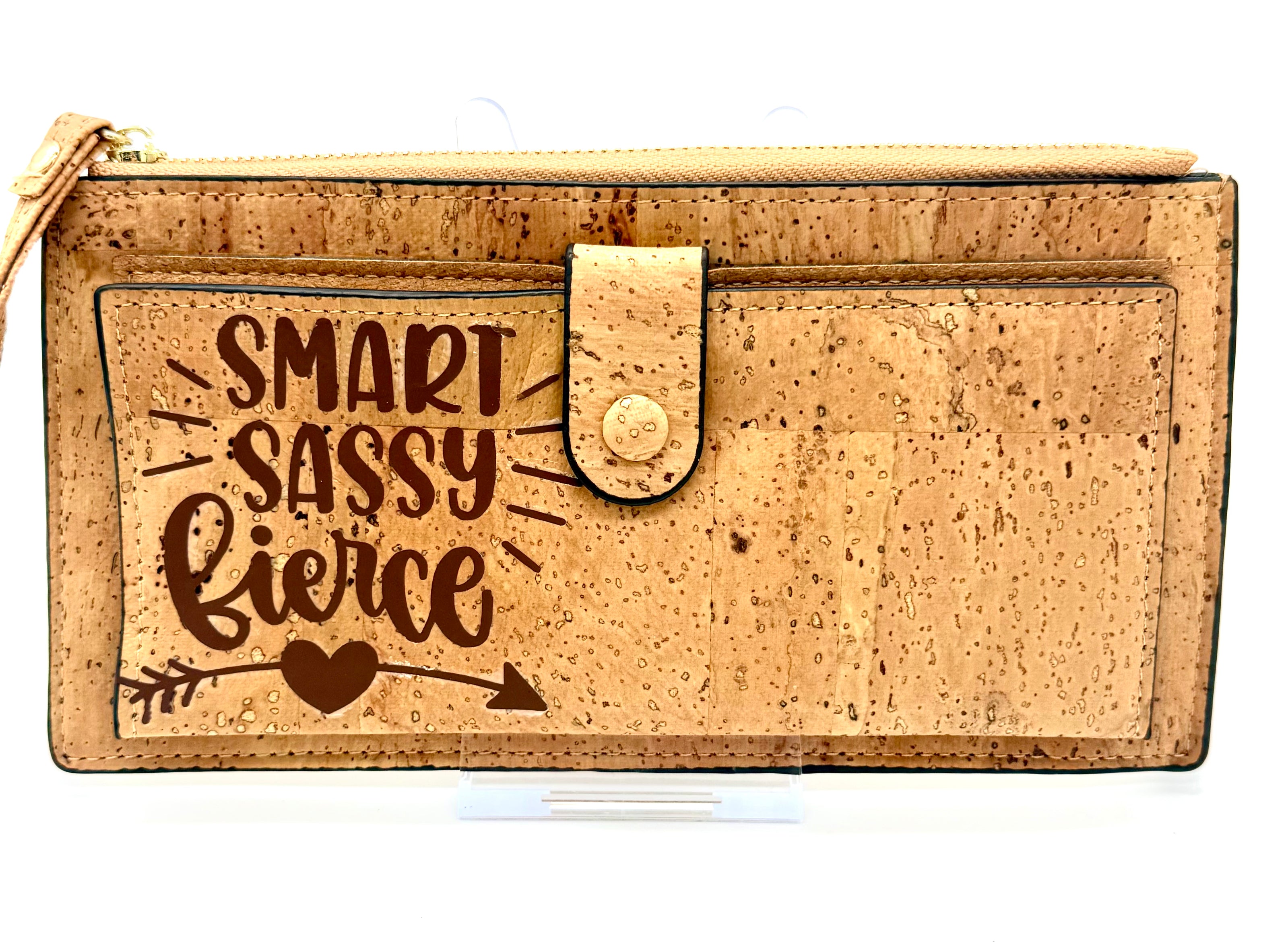 A luxurious soft cork wallet with a wristlet strap, perfect to keep your cards and cash neatly organized.