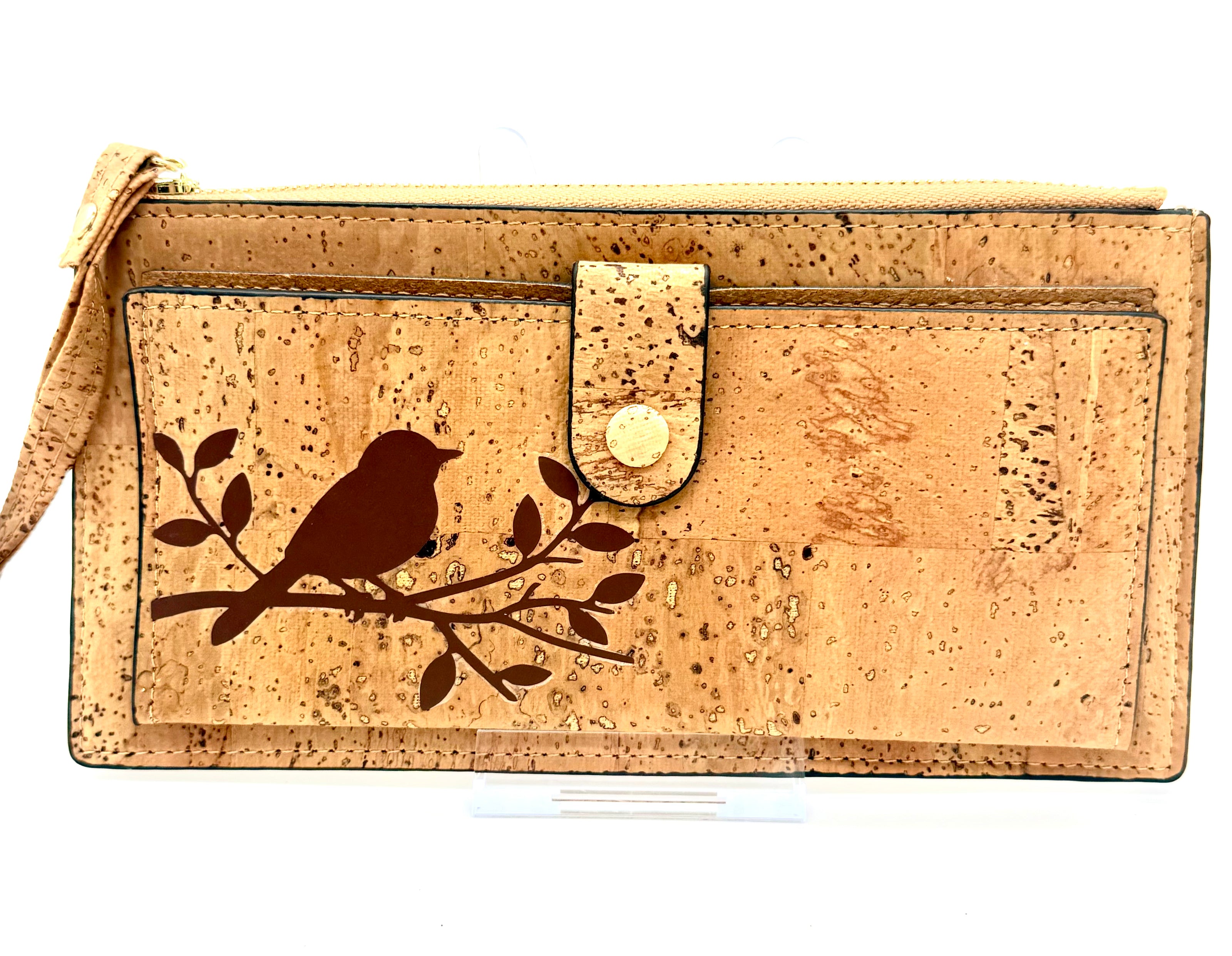 A luxurious soft cork wallet with a wristlet strap, perfect to keep your cards and cash neatly organized.