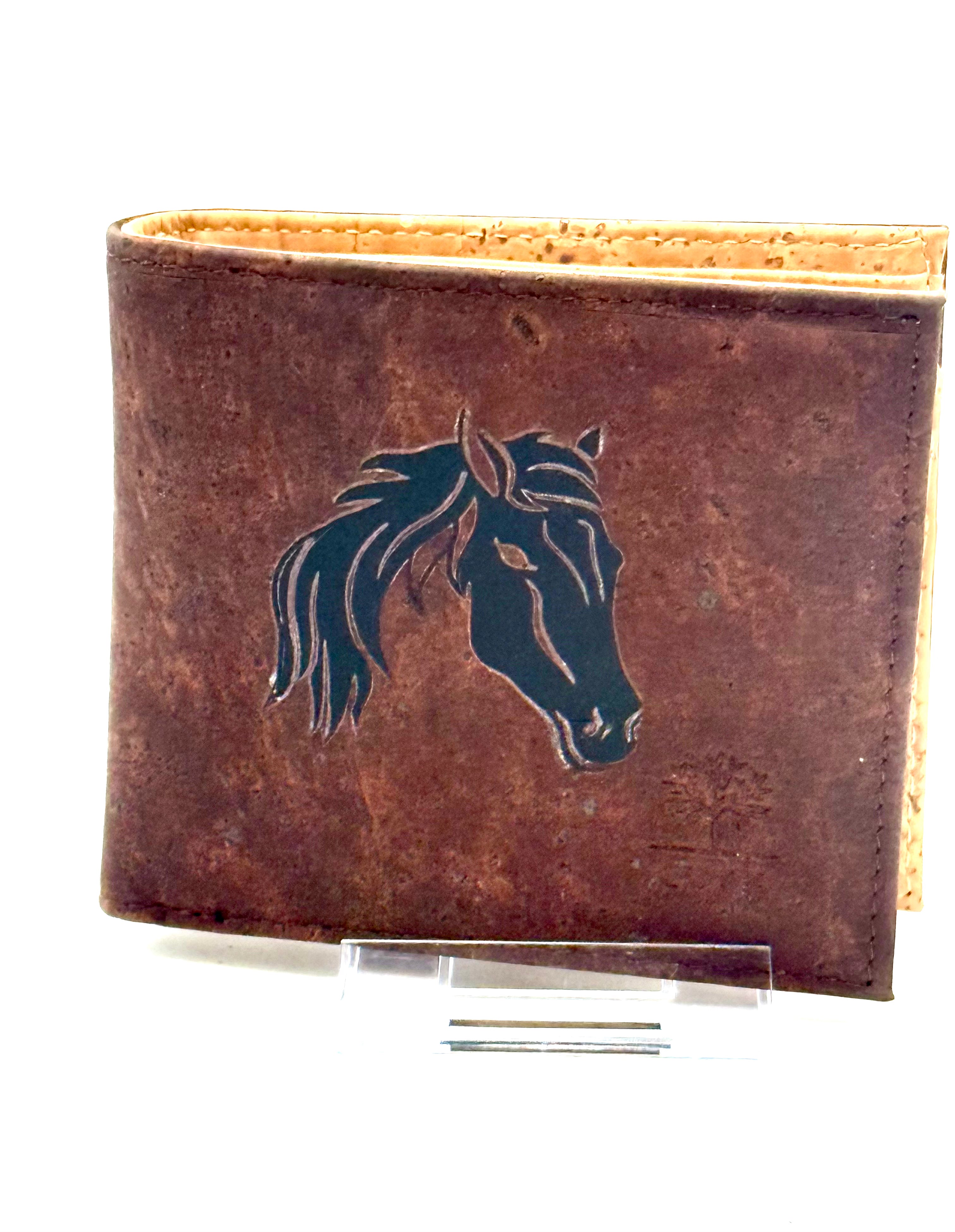 A slim, lightweight dark brown RFID protected bi-fold cork wallet that keeps your essentials organized without the bulk.  Horse
