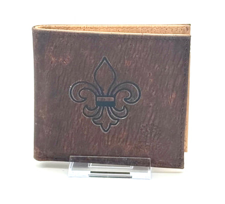 A slim, lightweight dark brown RFID protected bi-fold cork wallet that keeps your essentials organized without the bulk. fleur de lis