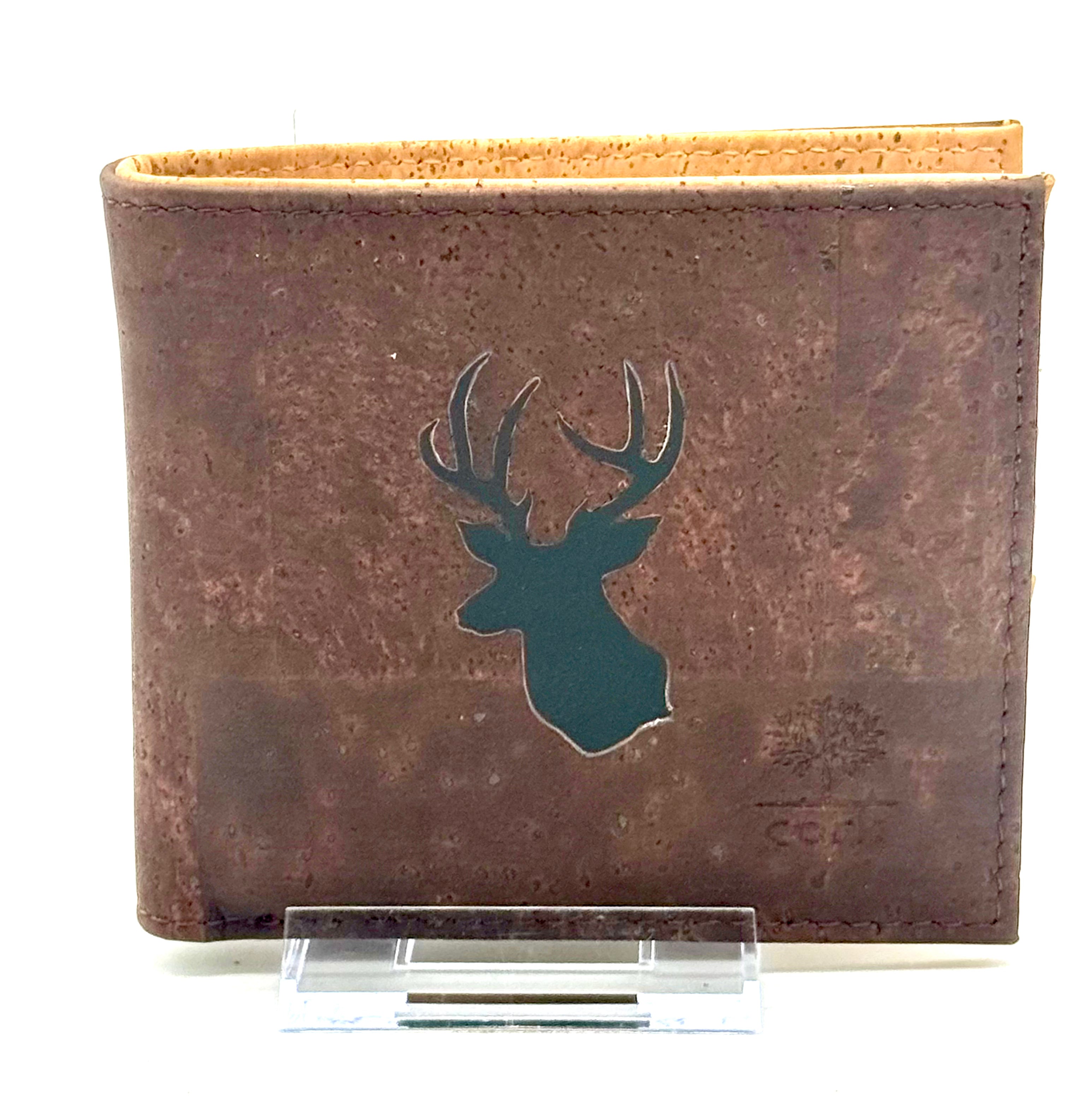 A slim, lightweight dark brown RFID protected bi-fold cork wallet that keeps your essentials organized without the bulk. deer buck