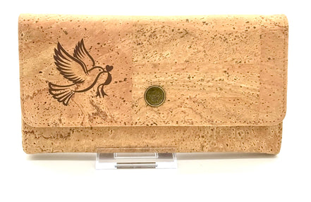 Cork wallet with a bird design and a snap on a white background