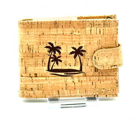 Eco-friendly cork wallet with 8 card slots, ID window, coin pocket, and slim bifold design.