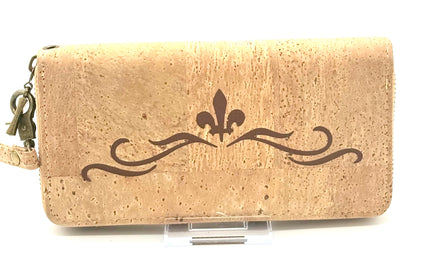 Cork wallet with decorative design on a white background