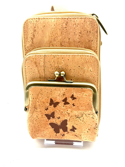 Keep your essentials organized in sustainable style with this compact, eco-friendly Cork Phone Bag and wallet. 