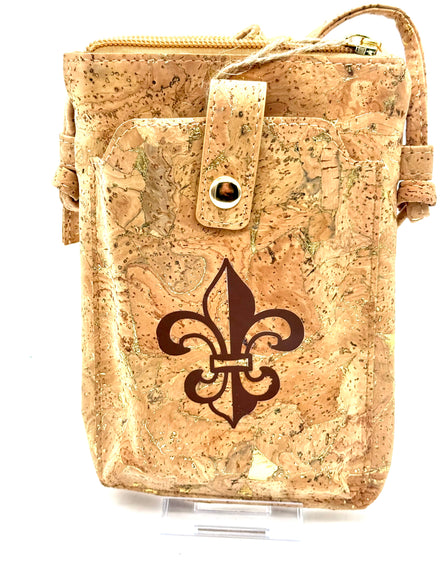 Cork pouch with a fleur-de-lis design on a white background