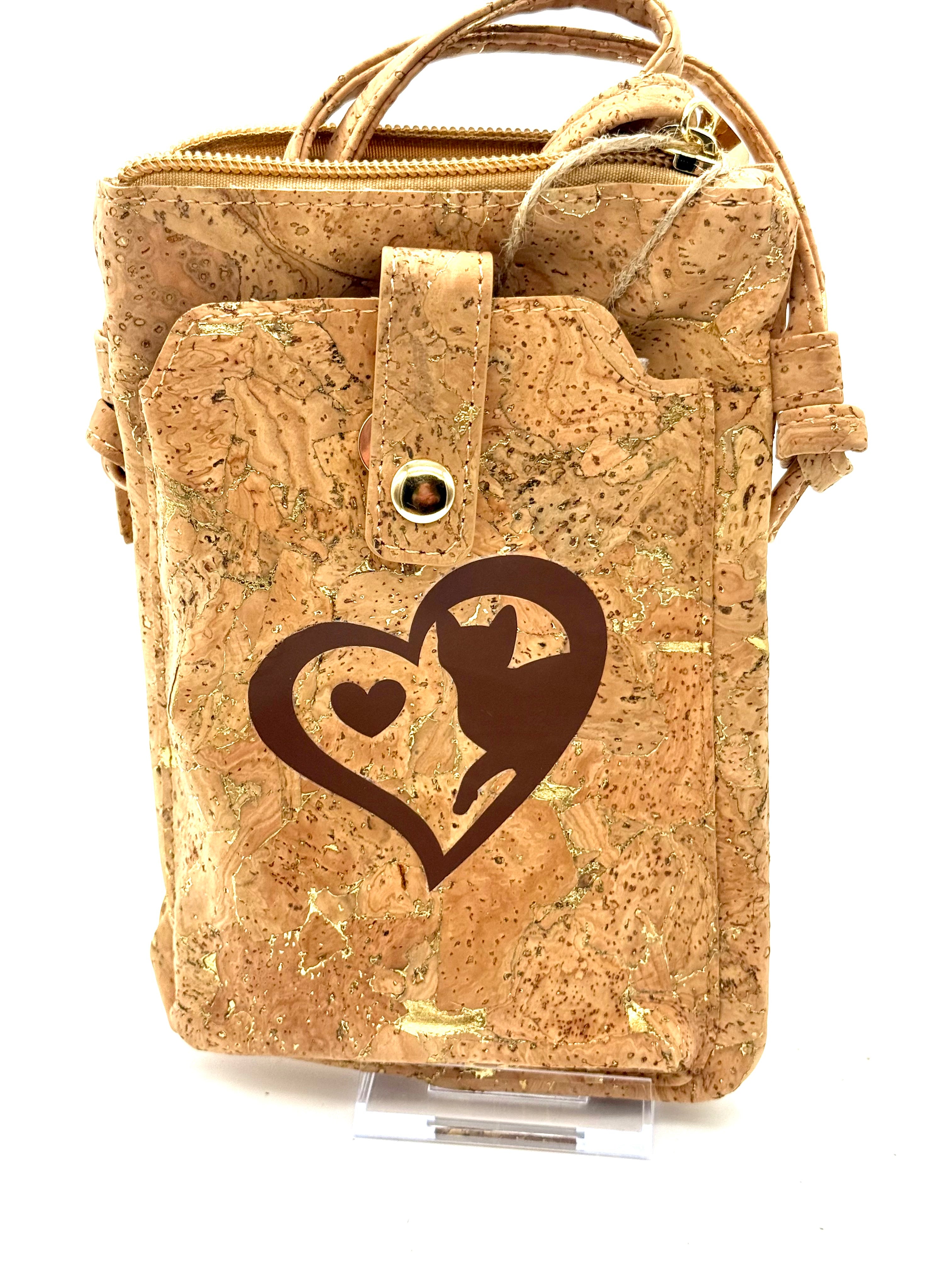 Cork bag with a heart and cat design on a white background
