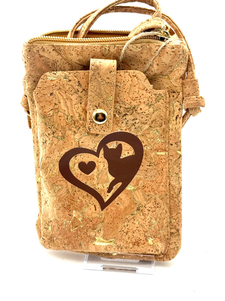Cork bag with a heart and cat design on a white background
