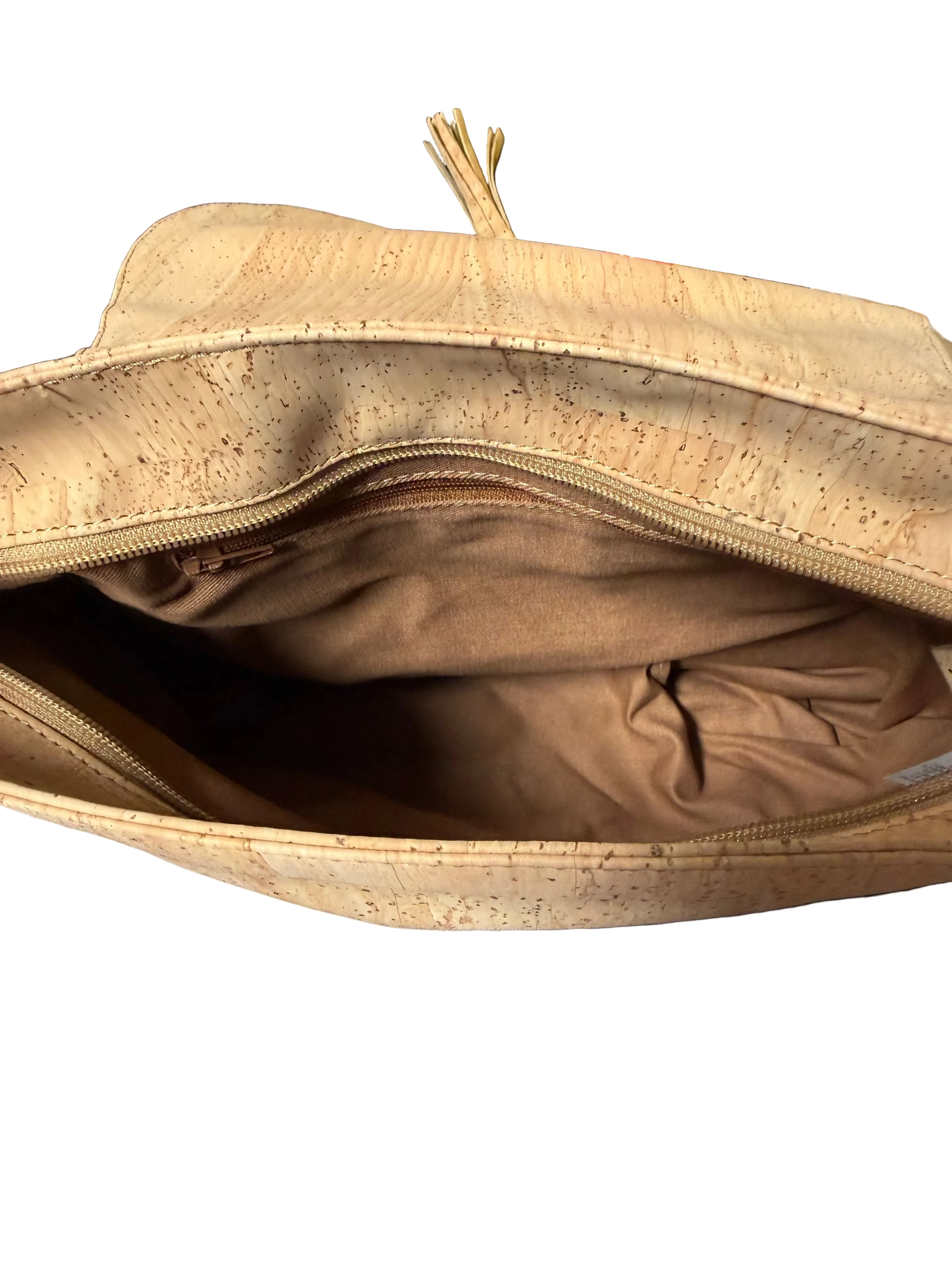 Interior view Cork crossbody flap tassel bag
