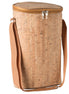 Eco friendly cork wine tote standing upright with strap