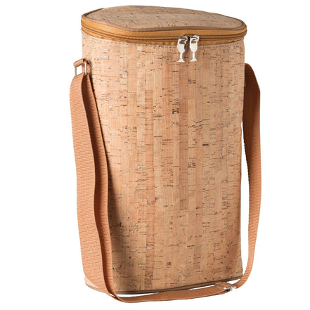 Eco friendly cork wine tote standing upright with strap