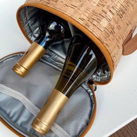 Insulated cork two bottle wine carrier with bottles inside
