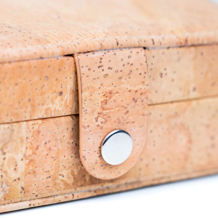 Close-up of snap closure on natural cork travel jewelry box‚Äù