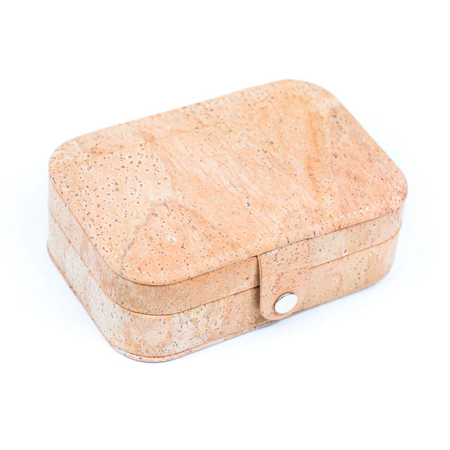 Natural cork rectangular travel jewelry box closed ‚Äì sustainable storage case