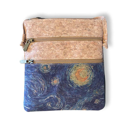 Cork and Starry Night patterned crossbody bag on a white background