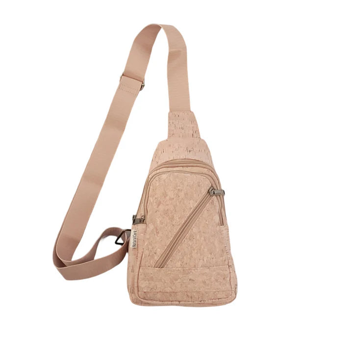 Eco-friendly cork sling bag showing full adjustable strap
