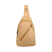 Natural cork sling bag with white daisy print and diagonal zip pocket