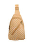 Natural cork sling bag with white daisy print and diagonal zip pocket, front view on white background