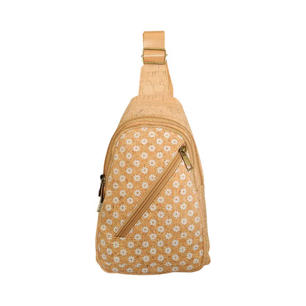 Natural cork sling bag with white daisy print and diagonal zip pocket, front view on white background