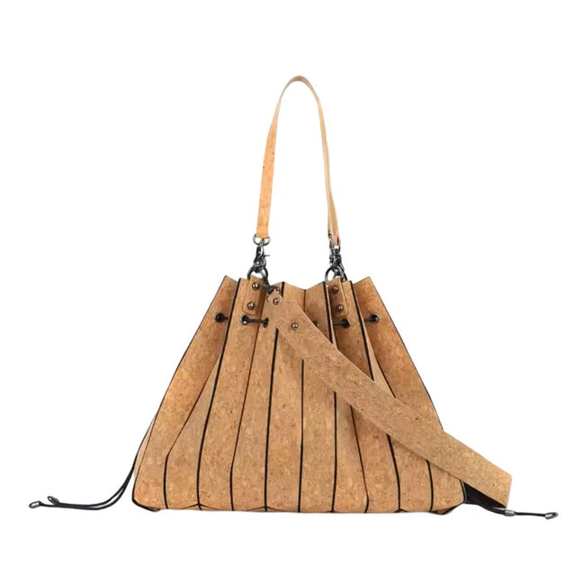 Natural cork pleated tote handbag with shoulder strap front view