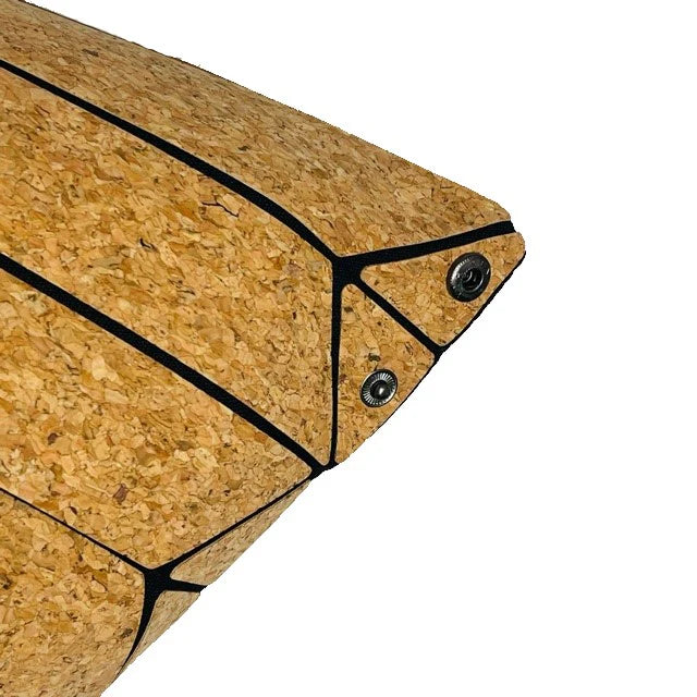 Base of cork tote bag displaying reinforced bottom and stitching detail