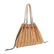 Natural cork pleated tote handbag with shoulder strap front view
