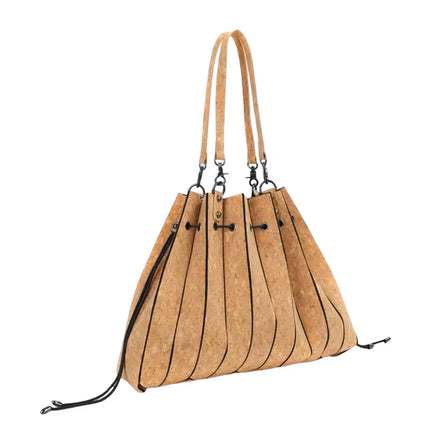 Natural cork pleated tote handbag with shoulder strap front view