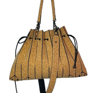 Natural cork pleated tote handbag with shoulder strap front view