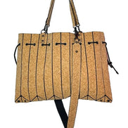 Natural cork pleated tote handbag with shoulder strap front view