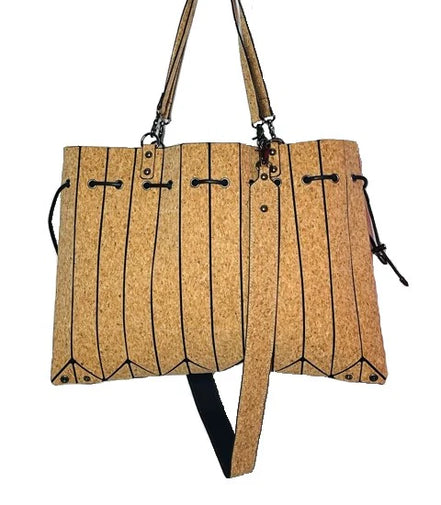 Natural cork pleated tote handbag with shoulder strap front view