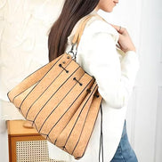 Natural cork pleated tote handbag with shoulder strap front view