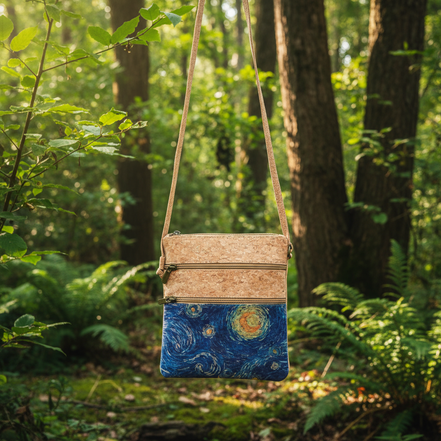 Cork and Starry Night patterned crossbody bag on a white background