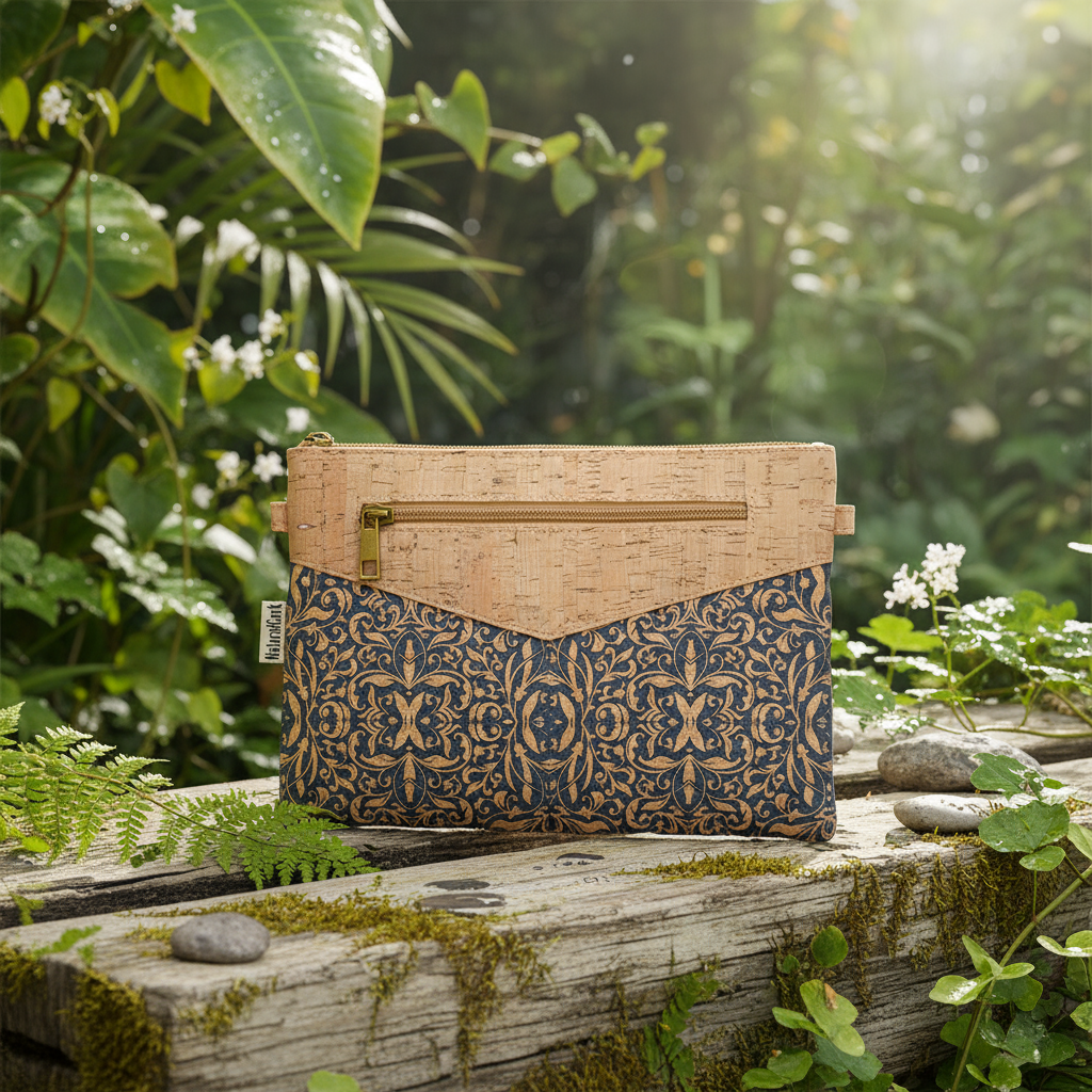 Cork crossbody clutch with Blue Porto pattern and front zipper pocket