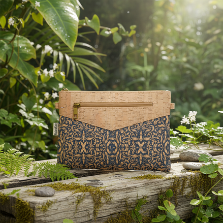 Cork crossbody clutch with Blue Porto pattern and front zipper pocket