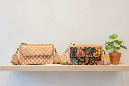 Boutique display with daisy and floral cork crossbody bags