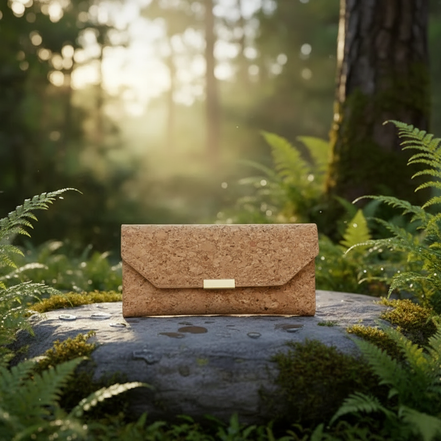 Hand holding natural cork RFID wallet with gold clasp and tri-fold design