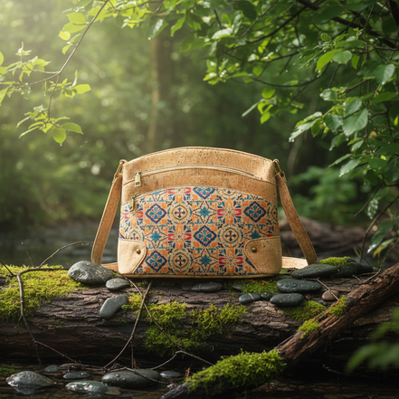 Front view of natural cork crossbody bag with colorful tile pattern and triple zipper design