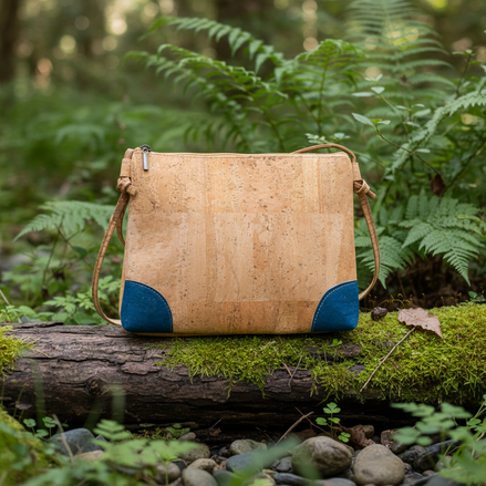 Natural cork crossbody bag with blue accented corners, front view